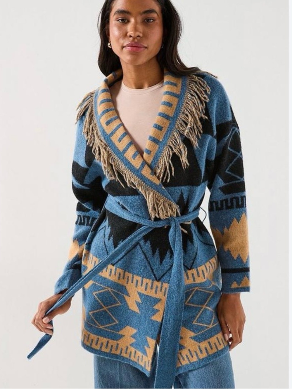 New Only Fringed Belted Aztec Knit Cardigan - Blue & Tan size large